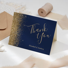 Gold Glitter Edge Navy Blue Wedding Thank You Karte