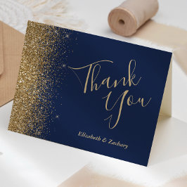 Gold Glitter Edge Navy Blue Wedding Thank You Karte