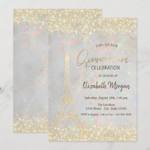 Gold Glitter Eiffel Konfetti Opal Quinceañera Einladung