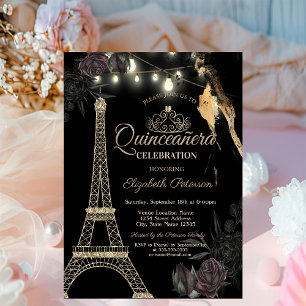 Gold Glitter Eiffelturm schwarze Rosen Quinceañera Einladung