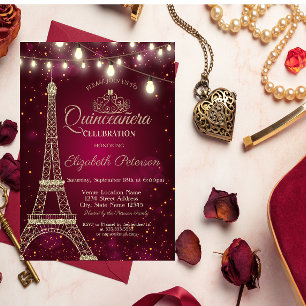 Gold Glitter Eiffelturm, Tiara rote Quinceañera Einladung