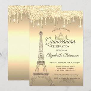 Gold Glitter Eiffelturm, Tiara, Tropfen Quinceañer Einladung