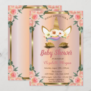Gold Glitter Einhorn Floral Roségold Babyparty Einladung