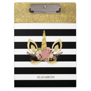 Gold Glitter Einhorn Gesicht, Streifen - Personali Klemmbrett