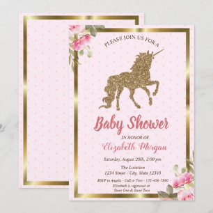 Gold Glitter Einhorn Punkte, Florale Babyparty Einladung