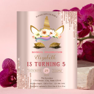 Gold Glitter Einhorn,Roségold-Tropfen Geburtstag Einladung