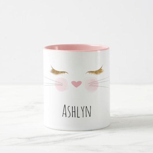 Gold Glitter Eyelashes Pink Nose Kitty Cat Face Tasse (Zentrum)