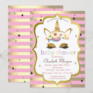 Gold Glitter Floral Einhorn, Streifen Baby Shower Einladung