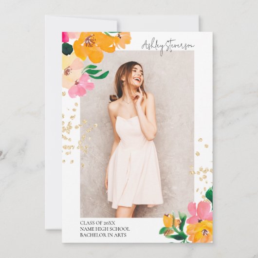 Gold glitter floral photo botanical graduation dankeskarte (Rückseite)