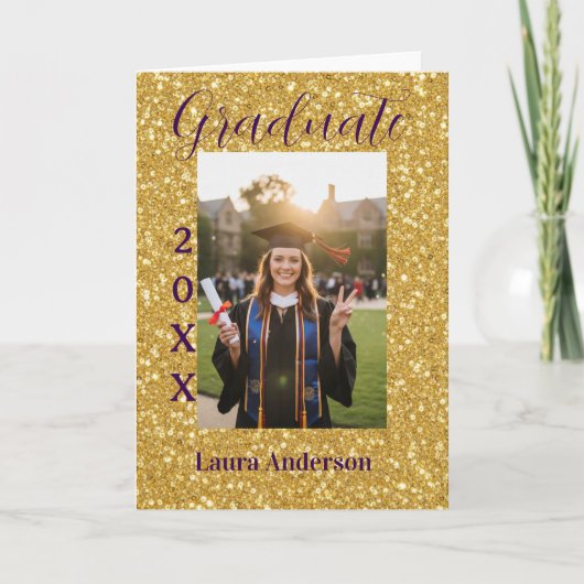 Gold Glitter Foto Abschluss Name Klasse Text Karte (Vorderseite)