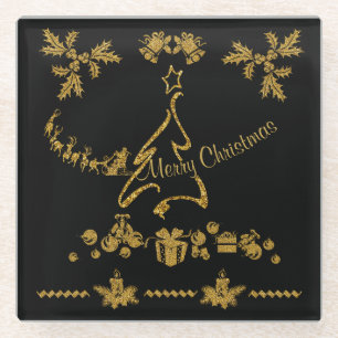 Gold Glitter Frohe Weihnachten, Weihnachtsmann Glasuntersetzer