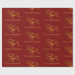 Gold Glitter Frohes Neues Jahr Name Adresse Rot Geschenkpapier
