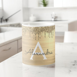 Gold Glitter gebürstetes Metall Monogramm Name Kaffeetasse