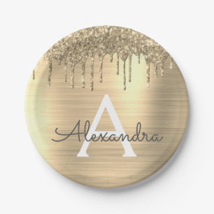 Gold Glitter gebürstetes Metall Monogramm Name Pappteller