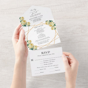 Gold Glitter Geo Gelbe Blumen Hochzeit RSVP Foto All In One Einladung