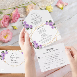 Gold Glitter Geo Lila Blumen Hochzeit RSVP Foto All In One Einladung