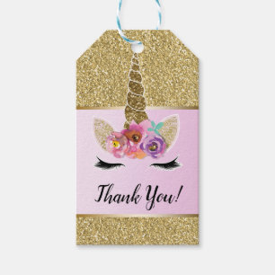 Gold Glitter Glam Einhorn Blumen Rosa Partygeschen Geschenkanhänger