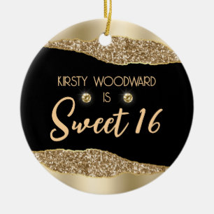 Gold Glitter Glam Rand & Diamanten Sweet 16 Keramik Ornament