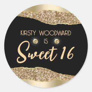 Gold Glitter Glam Rand & Diamanten Sweet 16 Runder Aufkleber