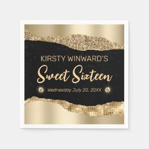 Gold Glitter Glam Rand & Diamanten Sweet 16  Serviette