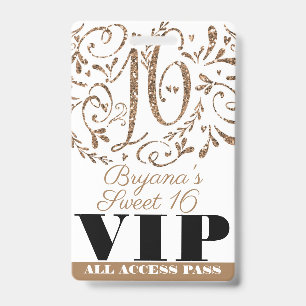 Gold Glitter Glam Süße 16 Geburtstagsfeier VIP-Pas Ausweis