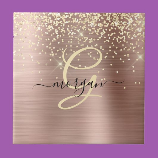 Gold Glitter, Gold Monogram, Black Script Name Fliese