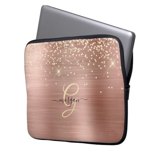 Gold Glitter, Gold Monogram, Black Script Name Laptopschutzhülle (Vorderseite Links)