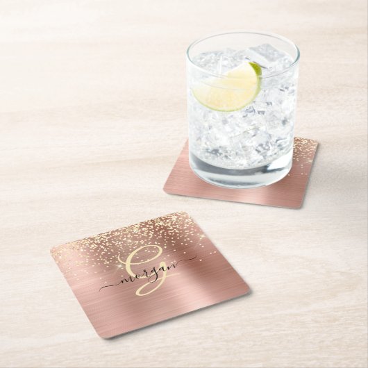 Gold Glitter, Gold Monogram, Black Script Name Rechteckiger Pappuntersetzer (Vor Ort)