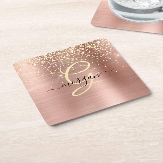 Gold Glitter, Gold Monogram, Black Script Name Rechteckiger Pappuntersetzer (angewinkelt)