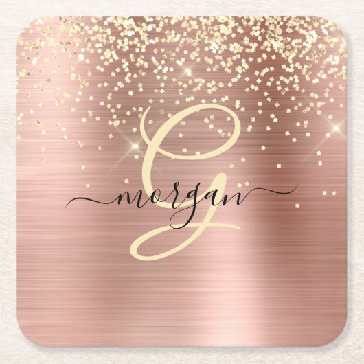 Gold Glitter, Gold Monogram, Black Script Name Rechteckiger Pappuntersetzer (Vorderseite)