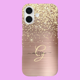 Gold Glitter, Gold Monogramm, Schwarzer Schriftnam iPhone 16 Hülle