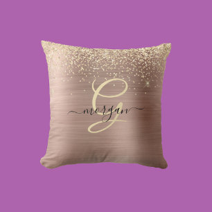 Gold Glitter, Gold Monogramm, Schwarzer Schriftnam Kissen