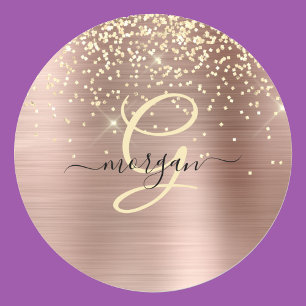 Gold Glitter, Gold Monogramm, Schwarzer Schriftnam Runder Aufkleber