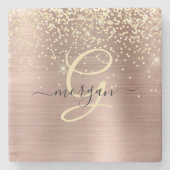 Gold Glitter, Gold Monogramm, Schwarzer Schriftnam Steinuntersetzer (Vorderseite)