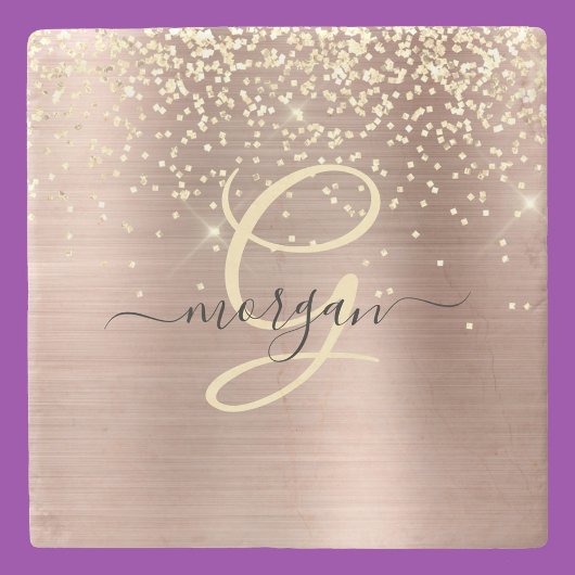 Gold Glitter, Gold Monogramm, Schwarzer Schriftnam Steinuntersetzer