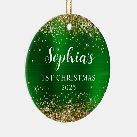 Gold Glitter Green Faux Foil 1st Christmas Photo Keramik Ornament (Rechts)