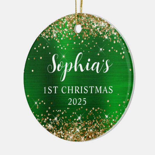 Gold Glitter Green Faux Foil 1st Christmas Photo Keramik Ornament (Links)