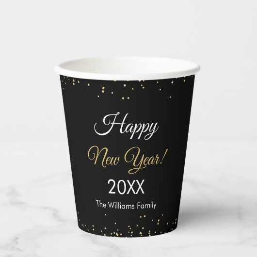 Gold Glitter Happy New Year Black Party Pappbecher (Vorderseite)