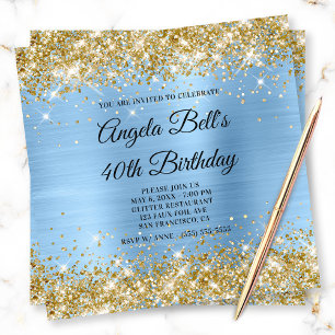 Gold Glitter Hellblauer Schimmer Folien-Monogramm Einladung