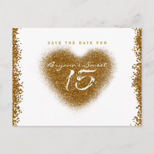Gold Glitter Herz 15 Quinceincera Save The Date Ankündigungspostkarte