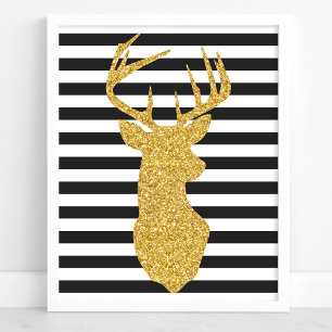 Gold Glitter Hirsch Schwarz-Weiß Streifen Poster