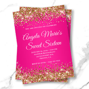 Gold Glitter Hot Pink Fancy Monogram Sweet Sixteen Einladung