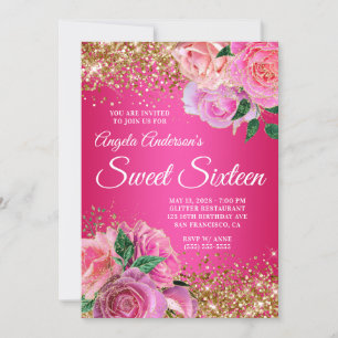 Gold Glitter Hot Pink Florales Glam Sweet Sixteen Einladung