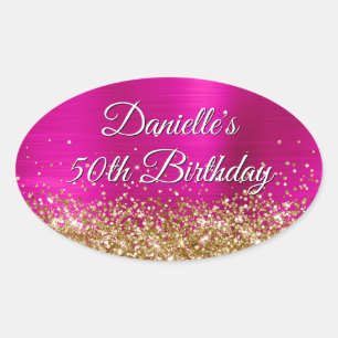 Gold Glitter Hot Pink Folie 50. Geburtstag Ovaler Aufkleber