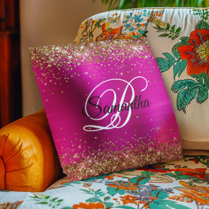 Gold Glitter Hot Pink Folie Fancy Monogramm Kissen