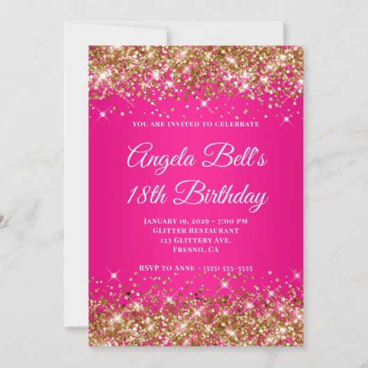 Gold Glitter Hot Pink Ombre Monogram 18th Birthday Einladung (Vorderseite)