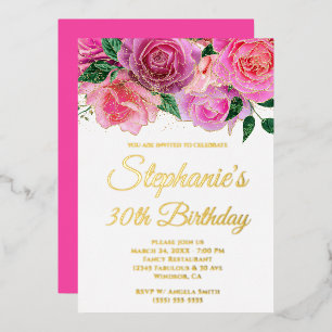 Gold Glitter Hot Pink Rose Glam 30. Geburtstag Folieneinladung