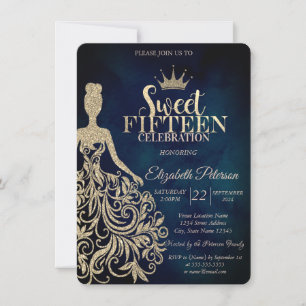 Gold Glitter Kleid, Diamanten Navy Blau Sweet 15 Einladung