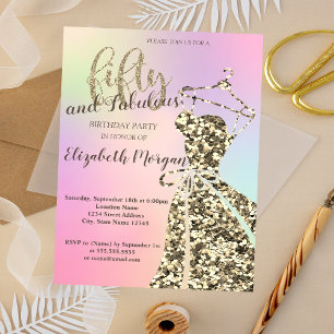 Gold Glitter Kleid, Holografische 50. Geburtstagsf Einladung