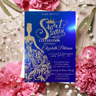 Gold Glitter Kleid, Tiara, Diamanten Blau Sweet 16 Einladung
